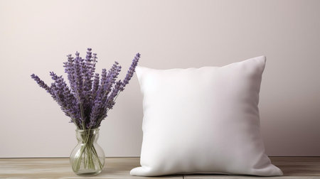 lavender pillow rests peacefully on a lavender blank mockup, surrounded by a serene foggy background, evoking a sense of calmness and tranquility, perfect for promoting relaxation and sleep, ideal for home decor and wellness enthusiasts, featuring soft pastel hues and misty ambiance. ai generatedの素材