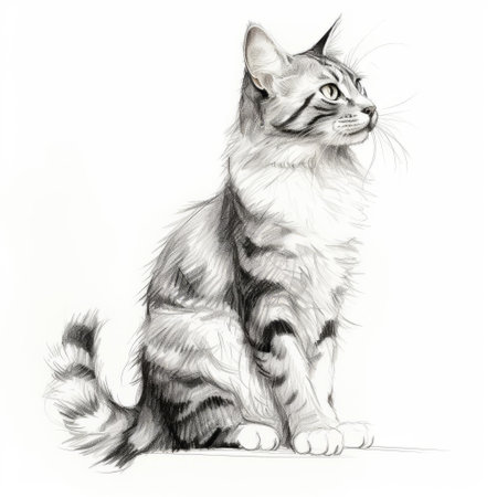 the cat, a majestic feline creature, is beautifully captured in this stunning life drawing, showcasing its full body in exquisite detail, isolated on a pristine white background, perfect for art enthusiasts and animal lovers alike, highlighting the artist's skillful rendering of fur texture and anatomy. ai generatedの素材