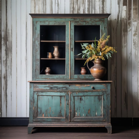 this rustic rayon hutch showcases the natural grain, cracks, and peeling paint, capturing the vintage charm of a distressed antique furniture piece, perfect for adding a touch of rural elegance to any home decor, blending rustic country style with modern farmhouse flair. ai generatedの素材