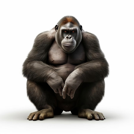 the chimpanzee, a 3d fat chimp model, stands proudly on a white isolated background, showcasing its full body in stunning detail, perfect for use in e-learning, advertising, and graphic design projects requiring a humorous and eye-catching primate character. ai generatedの素材