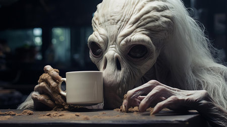 the creature, frozen in shock, grasps its head in a dramatic display of emotion, set against a dark, grainy background, evoking a sense of hyper-realistic sci-fi in the style of alessio albi, crafted with bryce 3d and minimal retouching, featuring bold and dynamic lines reminiscent of andrew ferez's work. ai generatedの素材