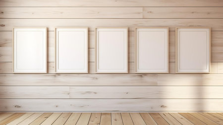 three empty frames, placed artfully on a white wood floor, evoke a sense of contemporary landscapes and organic compositions, reminiscent of the barbizon school, while the interplay of light and shadow creates a stunning visual effect, as if solarizing the masterful vray rendering in a warm, light brown hue. ai generatedの素材