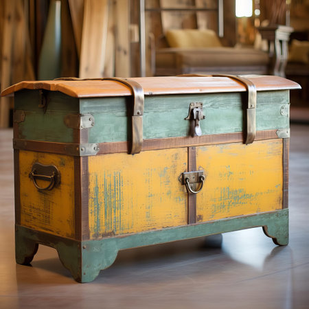 this antique hope chest showcases the natural grain, cracks, and peeling paint, capturing the rustic charm of vintage furniture, exuding a sense of nostalgia and history, perfect for adding a touch of classic elegance to any home decor or rustic wedding decoration. ai generatedの素材
