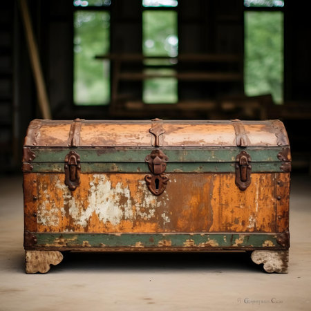 this antique hope chest showcases the natural grain, cracks, and peeling paint, capturing the rustic charm of a vintage hope chest, evoking a sense of nostalgia and history, perfect for rustic home decor, country-style furniture, and distressed wood enthusiasts. ai generatedの素材