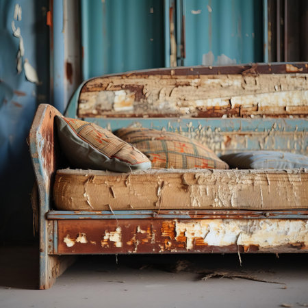 this distressed vintage couch bed, showcasing the natural grain, cracks, and peeling paint, captures the rustic charm of a bygone era, exuding a cozy and nostalgic atmosphere, perfect for a country-inspired living room or rustic home decor, evoking feelings of warmth and comfort. ai generatedの素材