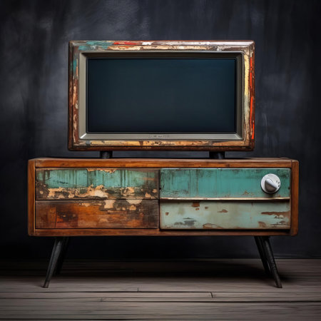 this rustic acrylic tv stand showcases the natural grain, cracks, and peeling paint, capturing the vintage charm of a bygone era, perfect for adding a touch of retro flair to any living room or home theater setup, blending modern technology with distressed, reclaimed wood accents. ai generatedの素材
