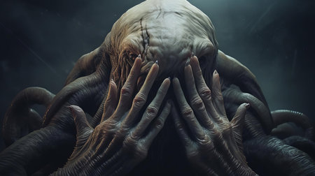 the moccasin creature, depicted in a hyper-realistic sci-fi style, stands in shock, its hands clutching its head in a dramatic display of emotion, set against a dark, grainy background with bold and dynamic lines, reminiscent of alessio albi's and andrew ferez's work, crafted with minimal retouching using bryce 3d. ai generatedの素材