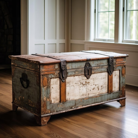 this antique hope chest showcases the natural grain, cracks, and peeling paint, capturing the rustic charm of vintage furniture, evoking a sense of nostalgia and history, perfect for rustic home decor, farmhouse style, and country living enthusiasts. ai generatedの素材