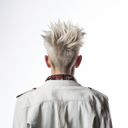 wyatt stands confidently with his back to the camera, showcasing his stylish faux hawk hairstyle against a clean white background, exuding a sense of modern masculinity and trendy fashion, perfect for editorial or commercial use in men's grooming or lifestyle campaigns. ai generatedの素材