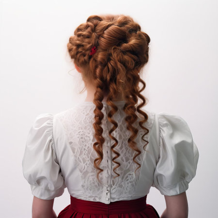 abigail stands confidently with her back to the camera, showcasing her luscious curls cascading down her back against a pristine white background, highlighting her elegant hairstyle and creating a striking portrait that exudes sophistication and beauty. ai generatedの素材