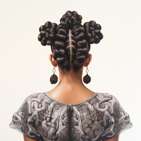 "african woman grace stands confidently with her back to the camera, showcasing her stunning bantu knots hairstyle against a clean white background, highlighting her natural beauty and cultural heritage in this striking portrait photography.", ai generatedの素材