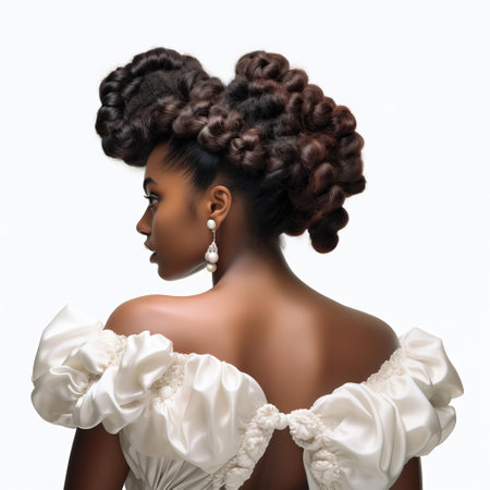 "african woman grace stands with her back to the camera, showcasing her stunning bantu knots hairstyle against a clean white background, highlighting her natural beauty and cultural heritage in this striking portrait photography.", ai generatedの素材