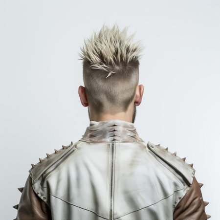 wyatt stands confidently with his back to the camera, showcasing his stylish faux hawk hairstyle against a clean white background, exuding a sense of modern masculinity and trendy fashion, perfect for profiles, social media, and lifestyle photography. ai generatedの素材