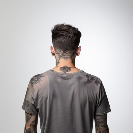 jackson stands confidently with his back to the camera, showcasing his stylish undercut hairstyle against a clean white background, highlighting his modern and trendy fashion sense, perfect for men's grooming and hairstyle inspiration. ai generatedの素材