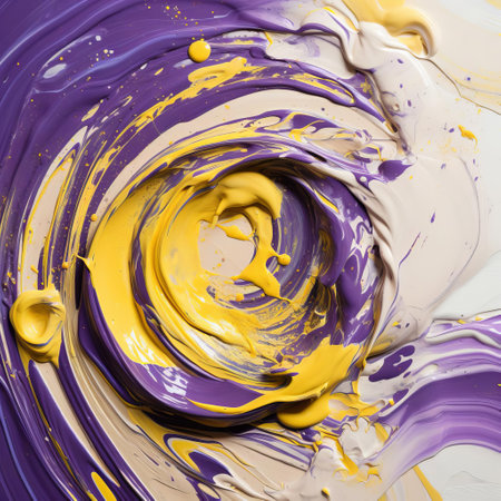 "vibrant artwork showcases a mesmerizing downward view of purple paint swirling harmoniously with mustard paint, creating a stunning abstract design that adds a pop of color to any room, perfect for art enthusiasts and interior designers seeking unique decorative pieces.", ai generatedの素材