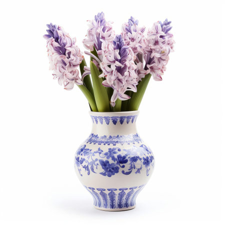 the ceramic vase, adorned with intricate designs, beautifully showcases the delicate hyacinth flowers, isolated on a pristine white background, creating a stunning still-life composition that exudes elegance and sophistication, perfect for home decor inspiration or floral arrangement ideas. ai generatedの素材