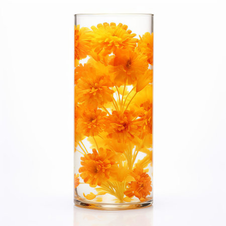 the cylinder vase, adorned with vibrant marigold flowers, stands elegantly isolated on a pristine white background, showcasing its sleek design and beautiful blooms, perfect for adding a touch of warmth and sophistication to any home decor or event decoration. ai generatedの素材
