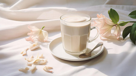 "coffee cups filled with rich cafe au lait sit beautifully against a crisp white backdrop, evoking feelings of a warm summer morning, perfect for a relaxing outdoor picnic or a casual brunch gathering with friends and family on a sunny day.", ai generatedの素材