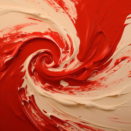 the abstract art piece showcases a mesmerizing downward view of vibrant red paint swirling harmoniously with beige paint, creating a stunning visual effect that captures the essence of dynamic movement and artistic expression, perfect for modern art enthusiasts and interior design inspirations. ai generatedの素材