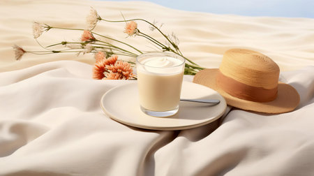 "coffee cup filled with a rich and creamy cafe au lait, perfectly captured against a clean white backdrop, evoking feelings of a warm summer morning, ideal for a refreshing summer picnic or outdoor gathering with friends and family, surrounded by lush greenery and vibrant flowers.", ai generatedの素材