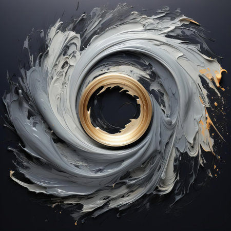 the abstract artwork features a mesmerizing downward view of gray paint swirled with streaks of silver paint, creating a hypnotic spiral pattern that draws the viewer's eye to the center, evoking feelings of modernity and sophistication in interior design and contemporary art. ai generatedの素材