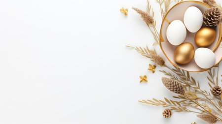 easter gifts are beautifully arranged on a solid white background, showcasing a vibrant orthodox easter monday decoration, complete with colorful eggs, flowers, and ribbons, perfect for spring celebrations, with ample copy space for your festive message or greeting. ai generatedの素材