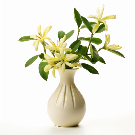 the vase, adorned with delicate honeysuckle flowers, sits elegantly isolated on a pristine white background, showcasing its intricate design and subtle beauty, perfect for adding a touch of simplicity and elegance to any home decor or still life photography composition. ai generatedの素材