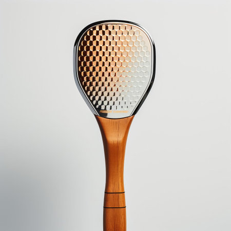 the table tennis racket, featuring a shiny bumpy texture, stands out against a solid white background, showcasing its high-quality construction and grip, perfect for professional and recreational players alike, ideal for competitive games and tournaments. ai generatedの素材