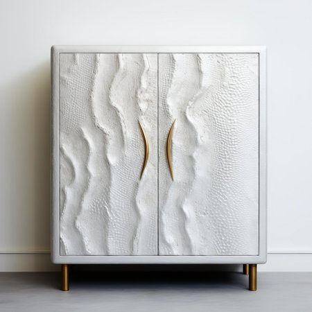 the cabinet, featuring a striking shiny bumpy texture, stands out against a solid white background, showcasing its unique design and modern aesthetic, perfect for adding a touch of sophistication to any room's decor, furniture, or interior design. ai generatedの素材