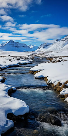the majestic river in iceland's breathtaking hjorundfjord landscape serves as a serene foreground to the majestic gyala peri ridge, with the snow-capped kangchenjunga mountain range looming in the distance, evoking a sense of grandeur reminiscent of gothic architecture, captured through the lens of a tamron 28-300mm f/3.5-6.3 di vc pzd camera. ai generatedの素材
