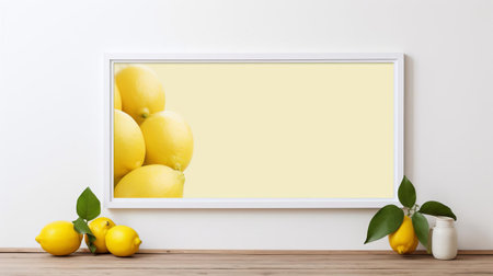 a sleek modern frame sits elegantly on a rustic wooden table, its calming lemon hue radiating warmth and serenity, perfect for showcasing cherished memories or artistic masterpieces in a minimalist home decor setting, adding a touch of sophistication and style to any room. ai generatedの素材