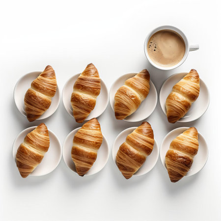 danish twists, freshly baked and golden brown, are arranged in an uneven row alongside a steaming cup of coffee, creating a cozy morning scene, captured from a top view against a clean white background, evoking feelings of warmth and comfort. ai generatedの素材