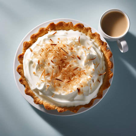 five decadent coconut cream pies, adorned with whipped cream and toasted coconut flakes, sit in an uneven row alongside a steaming cup of coffee, invitingly arranged on a clean white background, perfect for a morning breakfast or afternoon treat, evoking feelings of warmth and comfort. ai generatedの素材