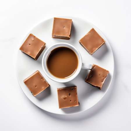 five pieces of creamy fudge, arranged in an uneven row, sit alongside a steaming cup of coffee, creating a warm and inviting scene against a clean white background, perfect for a morning pick-me-up or afternoon treat, evoking feelings of comfort and indulgence. ai generatedの素材