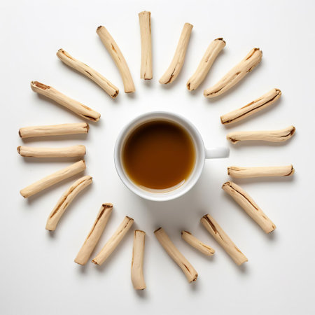 ladyfingers, delicately arranged in an uneven row, sit beside a steaming cup of coffee, invitingly presented on a pristine white background, evoking a sense of warmth and comfort in this beautifully styled still life, perfect for coffee and pastry enthusiasts. ai generatedの素材