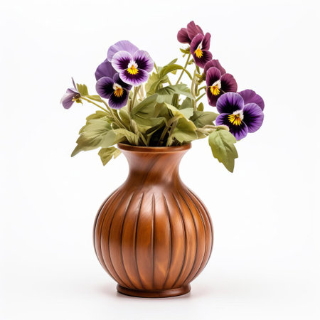 the wooden vase, adorned with a delicate pansy flower, sits elegantly on a pristine white background, showcasing its rustic charm and natural beauty, perfect for adding a touch of vintage elegance to any home decor or floral arrangement. ai generatedの素材