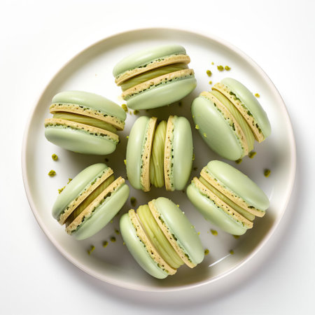 pistachio macarons, delicately arranged in an uneven row, sit alongside a steaming cup of coffee, creating a warm and inviting atmosphere, perfect for a cozy morning or afternoon break, against a clean and crisp white background, evoking feelings of serenity and comfort. ai generatedの素材