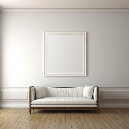 the elegant divan portrait, encased in a beautiful picture frame, hangs solitary on a pristine white wall, drawing attention to its classic design and sophisticated charm, evoking a sense of simplicity and refinement in modern home decor and interior design. ai generatedの素材