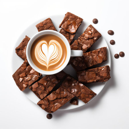 brownies, freshly baked and broken into brittle pieces, are arranged in an uneven row alongside a steaming cup of coffee, inviting a morning pick-me-up, captured in a bright and airy top view against a clean white background, perfect for food bloggers and coffee lovers alike. ai generatedの素材