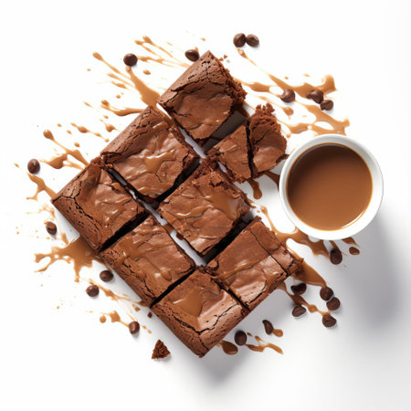 brownies, freshly baked and broken into brittle pieces, are arranged in an uneven row alongside a steaming cup of coffee, creating a warm and inviting atmosphere, perfect for a cozy morning or afternoon pick-me-up, against a clean and minimalist white background. ai generatedの素材