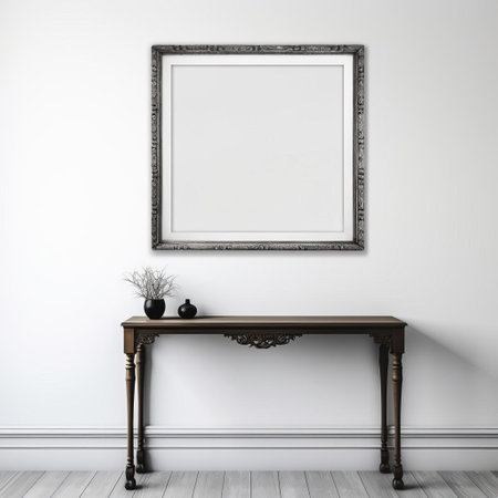 the console portrait picture frame, adorned with a classic design, hangs elegantly on a pristine white wall, drawing attention to its simplicity and sophistication, perfect for showcasing cherished memories in a minimalist home decor setting, adding a touch of elegance to any room. ai generatedの素材