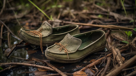 slippers, once warm and cozy, now lie abandoned in the murky waters of the swamp, surrounded by twisted roots and decaying vegetation, a haunting reminder of forgotten memories, captured in stunning detail with the hasselblad x1d ii and 80mm f/1.9 lens, showcasing the beauty of decay in the swampy wilderness. ai generatedの素材