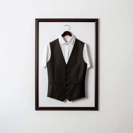 the elegant clothes valet portrait picture frame hangs solitary on a pristine white wall, its classic design and intricate details standing out against the blank backdrop, evoking a sense of sophistication and refinement in home decor, perfect for minimalist interior design enthusiasts. ai generatedの素材