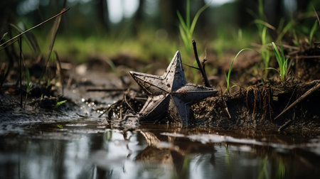 the star, half-buried in the murky waters of the swamp, exudes an otherworldly aura, its metallic surface reflecting the eerie surroundings. captured with a hasselblad x1d ii and an 80mm f/1.9 lens, this haunting image showcases the camera's exceptional low-light performance at f/2.8, iso 64, and 1/180s, highlighting the beauty of abandoned objects in the wilderness. ai generatedの素材