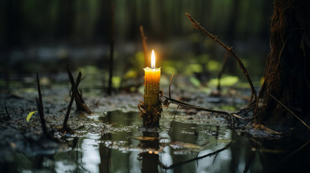 a candle, once a beacon of warmth, now lies abandoned in the murky ground of the swamp, surrounded by twisted roots and eerie silence, captured in haunting detail with a hasselblad x1d ii and 80mm f/1.9 lens, showcasing the photographer's mastery of low-key lighting and atmospheric composition. ai generatedの素材