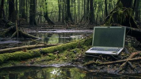 an abandoned laptop stand lies forsaken in the murky swamp, surrounded by twisted roots and overgrown vegetation, captured in stunning detail with a hasselblad x1d ii camera and 80mm f/1.9 lens, showcasing the beauty of decay in this eerie, isolated landscape photography. ai generatedの素材