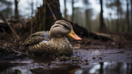 a duck lies abandoned in the ground, surrounded by the murky waters and twisted roots of the swamp, its feathers ruffled and still, a haunting scene of nature's neglect, captured with the hasselblad x1d ii and 80mm f/1.9 lens, showcasing the camera's exceptional low-light performance and precise focus. ai generatedの素材