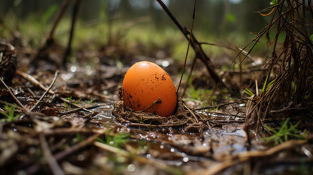 an abandoned egg lies forsaken in the murky depths of the swamp, its fragile shell a stark contrast to the unforgiving environment. captured with a hasselblad x1d ii and 80mm f/1.9 lens, this eerie scene is frozen in time at f/2.8, iso 64, and 1/180s, evoking a sense of mystery and desolation in this swampy landscape. ai generatedの素材