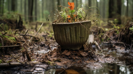 a weathered flowerpot lies abandoned in the murky waters of the swamp, surrounded by lush greenery and twisted roots, captured in stunning detail with a hasselblad x1d ii camera and 80mm f/1.9 lens, showcasing the beauty of decay in this eerie swamp landscape photography. ai generatedの素材