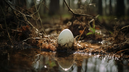 the egg, eerily abandoned in the midst of a murky swamp, tells a mysterious tale of forgotten life. captured with a hasselblad x1d ii and an 80mm f/1.9 lens, this haunting image showcases the camera's exceptional capabilities in low-light conditions, with settings at f/2.8, iso 64, and 1/180s, highlighting the swamp's eerie atmosphere and the egg's forlorn beauty. ai generatedの素材